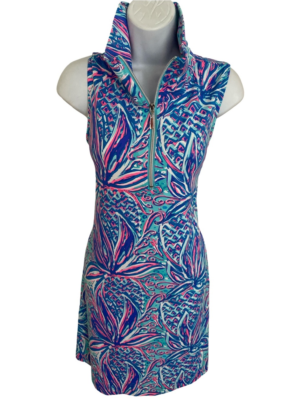 Lulu-B Sleeveless Zip Dress - in Teal, Pink & Blue-S